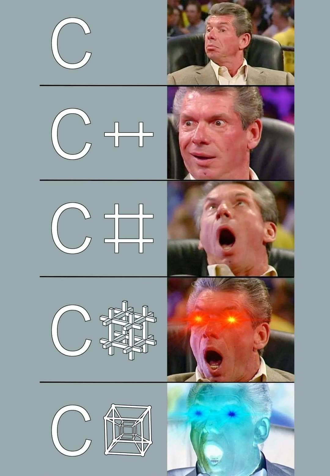 [Vince McMahon's reactions to C, C++, C#, C cubed, and C tesseract]