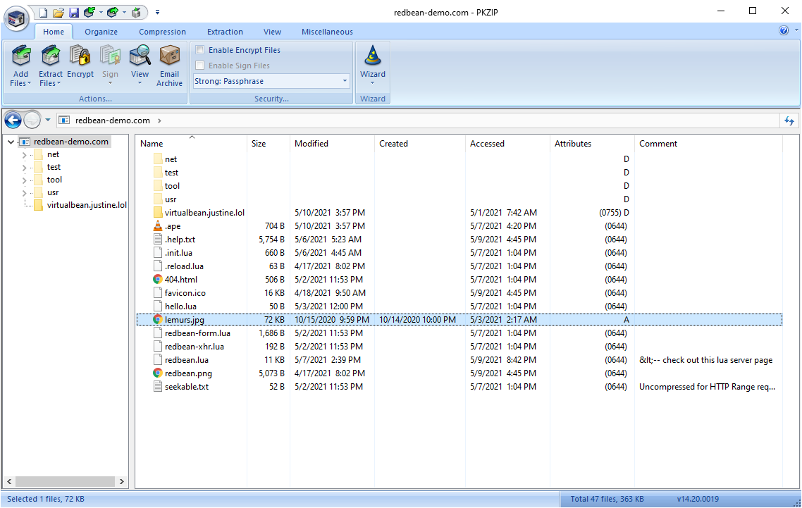 [Screenshot of PKZIP GUI editing redbean-demo.com]
